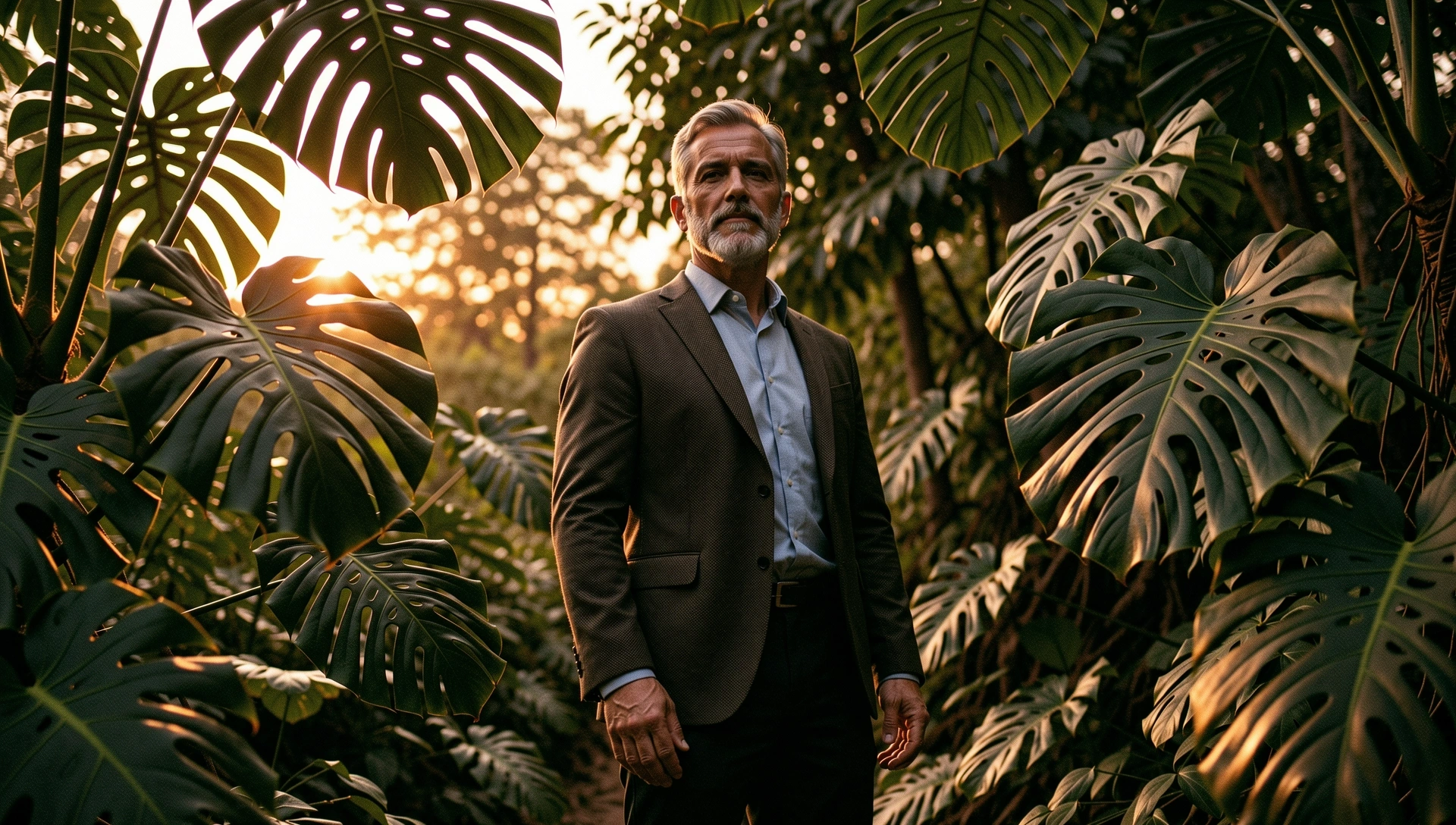 Sunlight filtering through lush Indonesian botanical garden